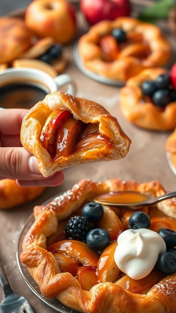 Caramel apple puff pastry tart with apple slices and caramel drizzle.
