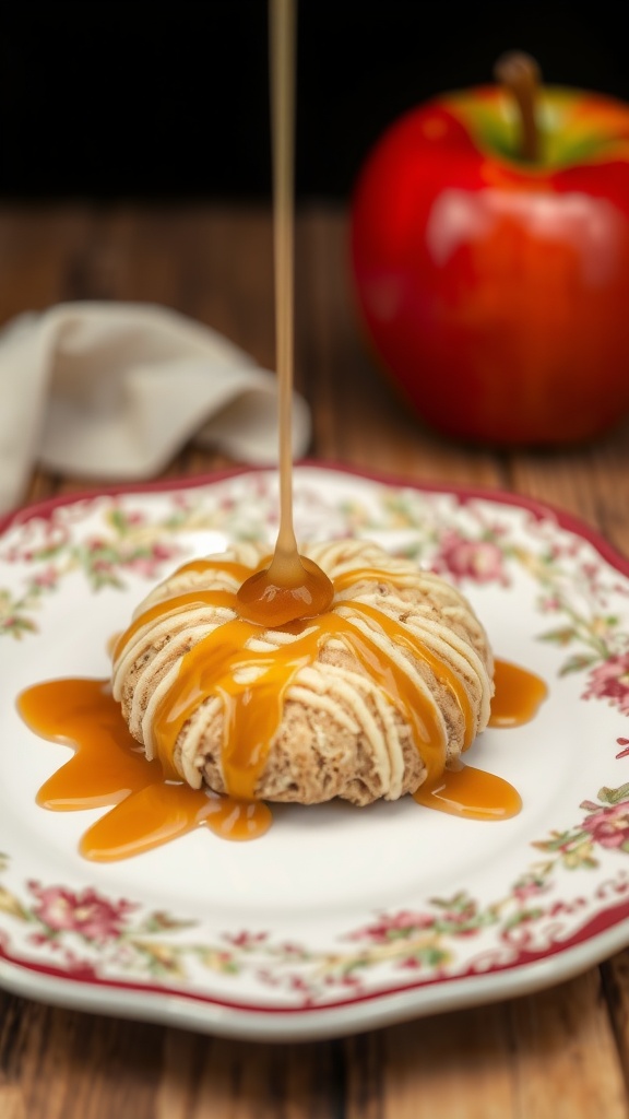 A delicious cookie with caramel drizzle on a decorative plate.