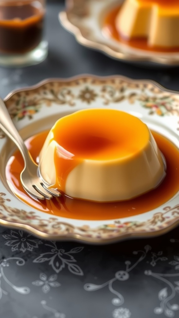 A beautifully plated caramel Irish cream flan with a shiny caramel topping.