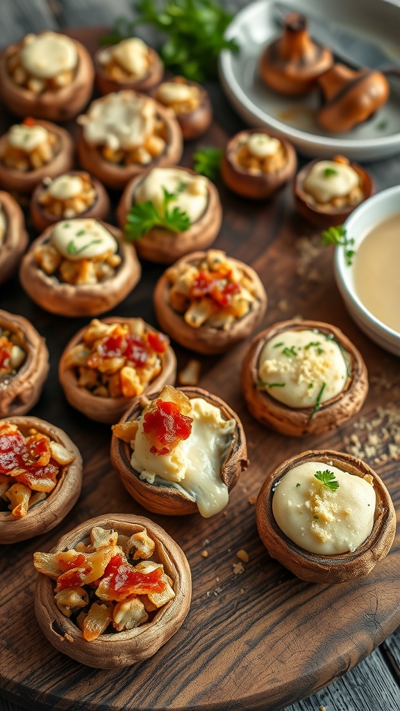 Caramelized onion and cream cheese stuffed mushrooms on a wooden platter.