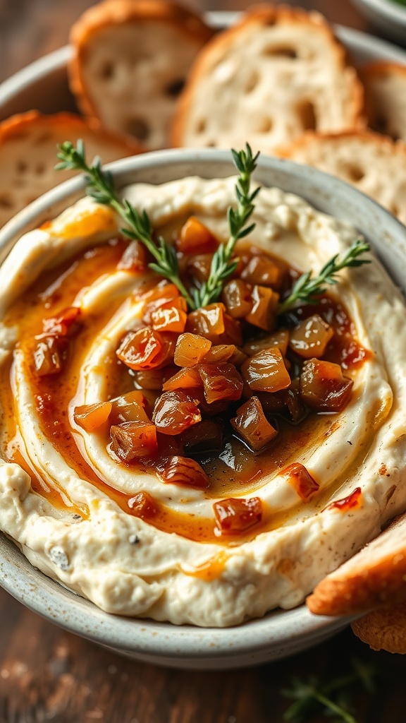A creamy dip made with caramelized onions and goat cheese, served with bread slices.