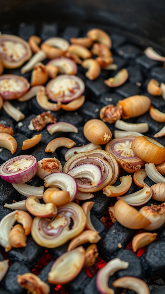 Caramelized onions and garlic sizzling on charcoal grill