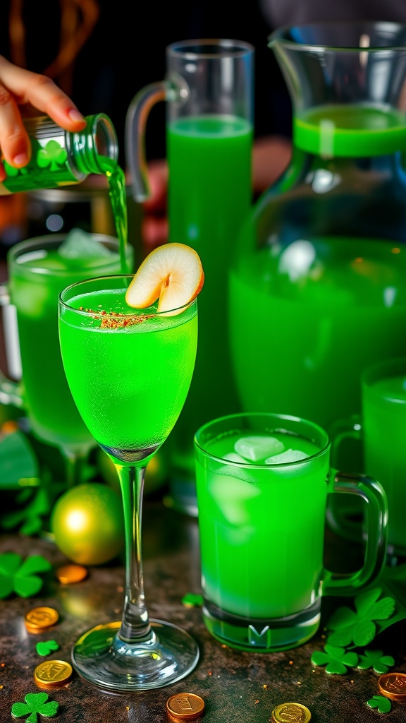 A refreshing green Caramelized Pear Spritz cocktail with caramelized pear slices and mint garnish.