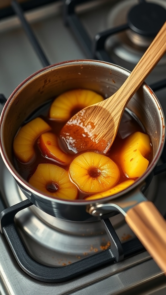 Caramelized pineapple topping in a saucepan on a stove