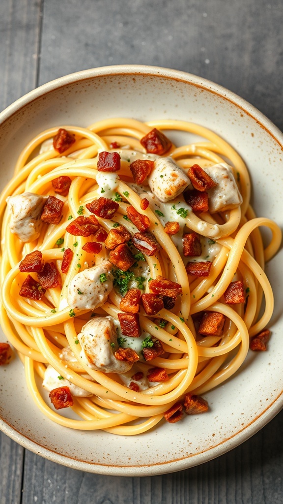 A bowl of creamy Carbonara Chicken Pasta topped with crispy bacon and parsley