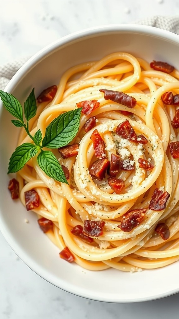 A bowl of spaghetti carbonara topped with crispy pancetta and garnished with fresh herbs.