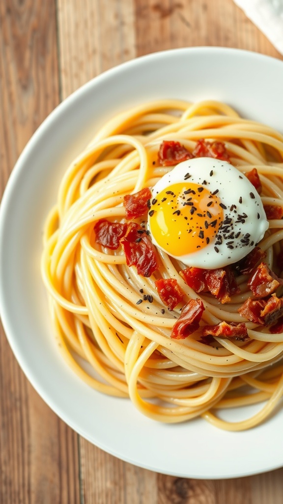 A plate of spaghetti carbonara topped with crispy pancetta and a runny egg yolk