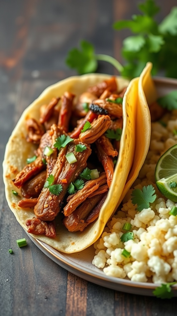 Carnitas tacos with cilantro lime rice on a plate
