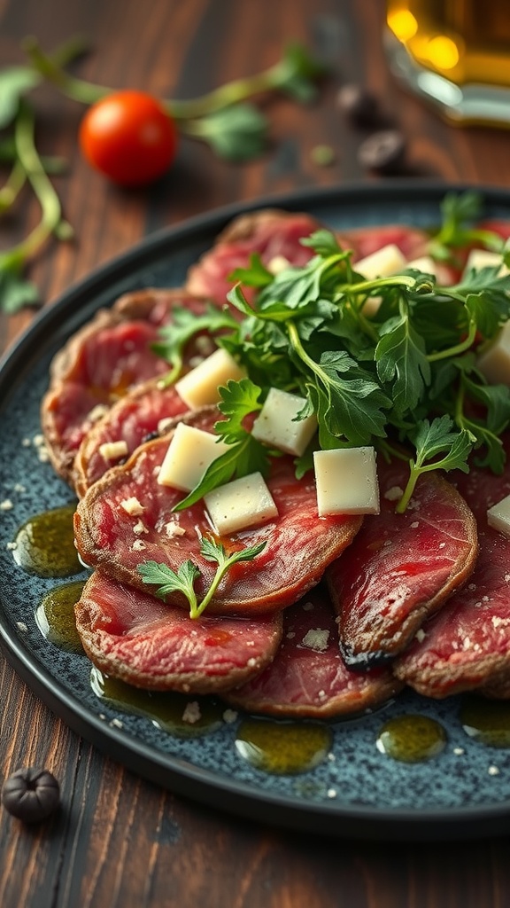 A plate of beef carpaccio garnished with herbs and cheese.