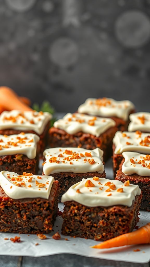 Delicious carrot cake brownies topped with cream cheese frosting and crushed carrots.
