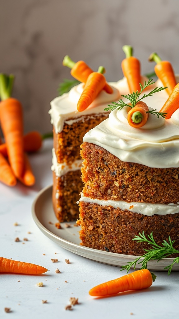 A delicious carrot cake with cream cheese frosting, garnished with small carrot decorations.