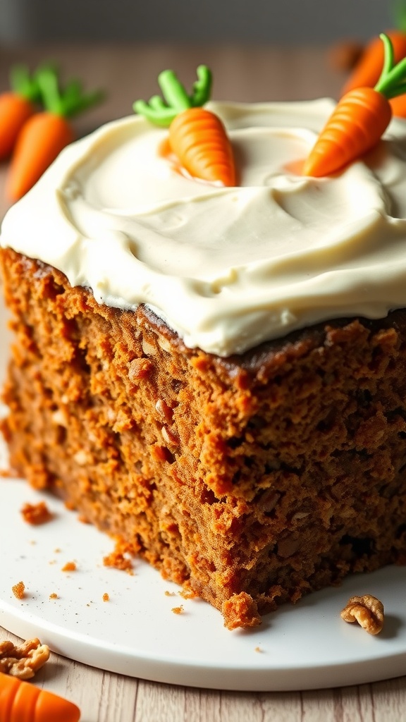 Delicious carrot cake topped with cream cheese frosting and decorative carrots