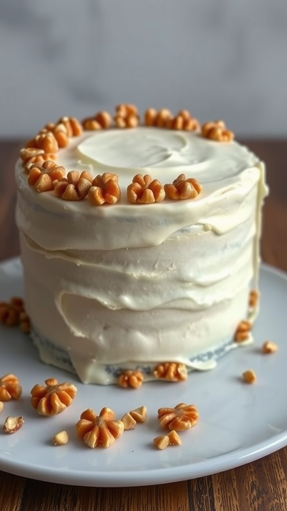 A beautifully decorated carrot cake with walnuts and cream cheese icing.