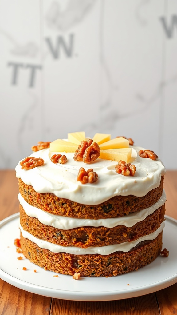 A delicious three-layer carrot cake with cream cheese frosting, topped with walnuts and pineapple slices.