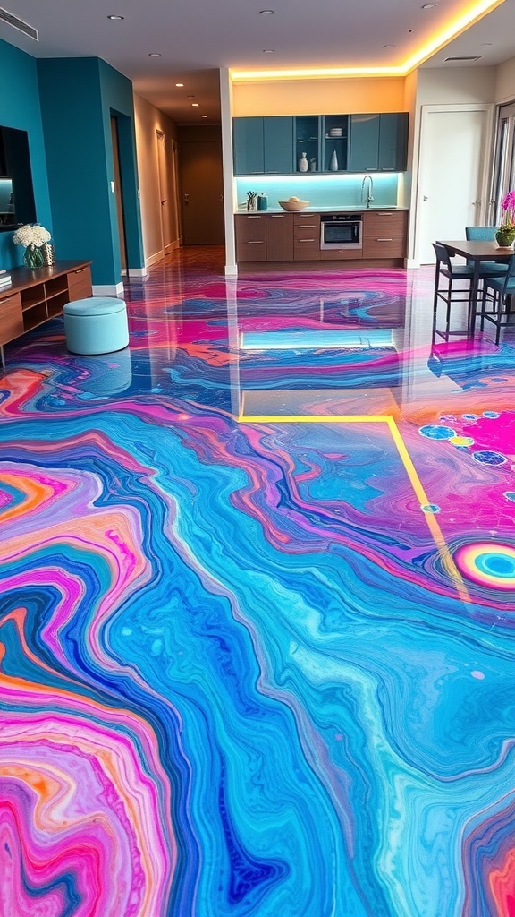 A vibrant epoxy floor design featuring cascading waves of blue, pink, and teal colors.