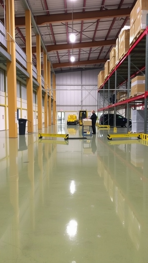 Before and after image showcasing the transformation of a factory floor with epoxy coating.