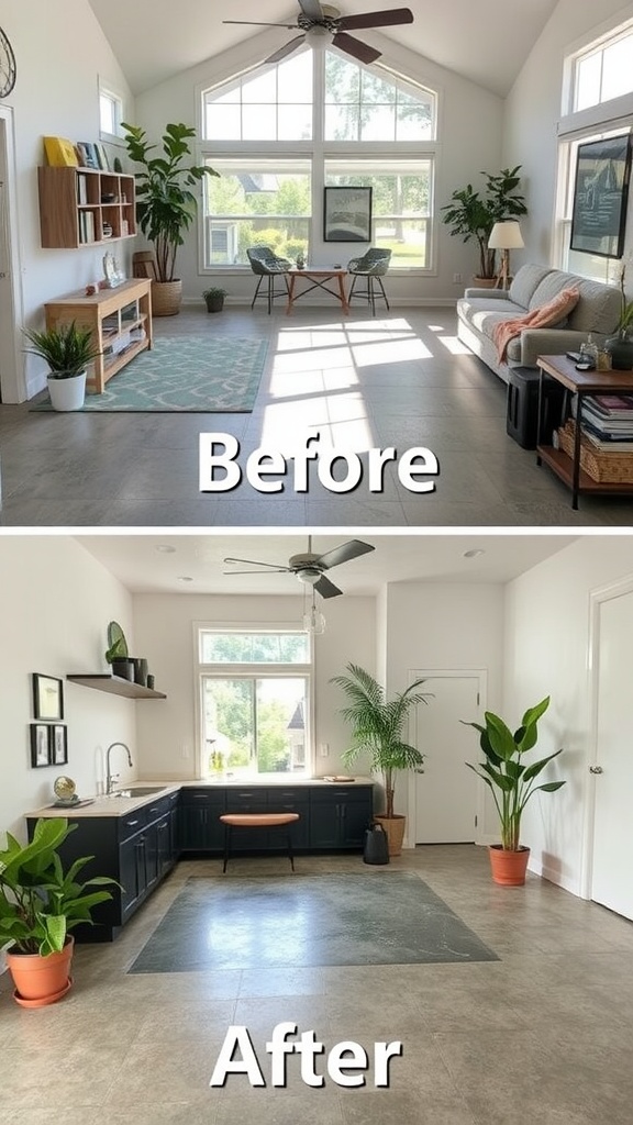Before and after image of a living room showing the transformation of flooring from traditional to eco-friendly concrete.