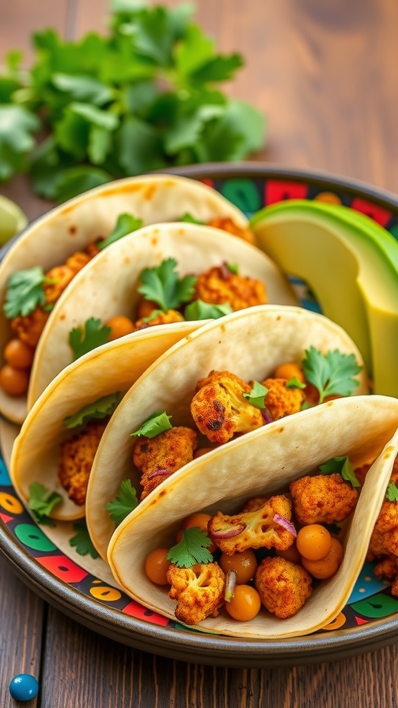 A plate of cauliflower and chickpea tacos garnished with fresh cilantro and lime slices.