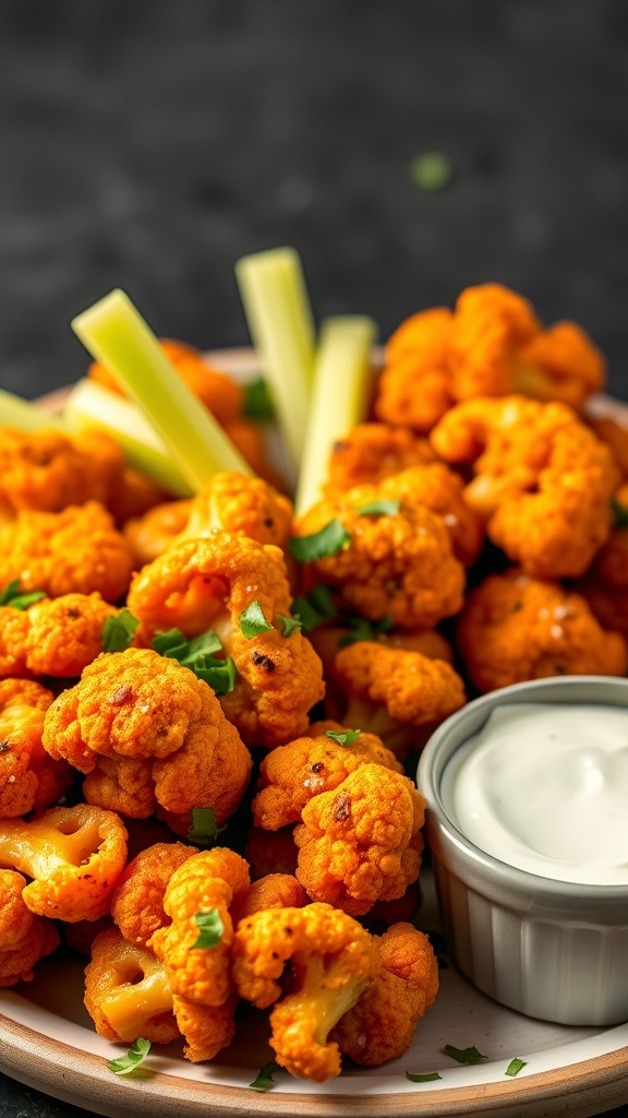 Plate of crispy buffalo cauliflower wings served with celery sticks and dipping sauce.