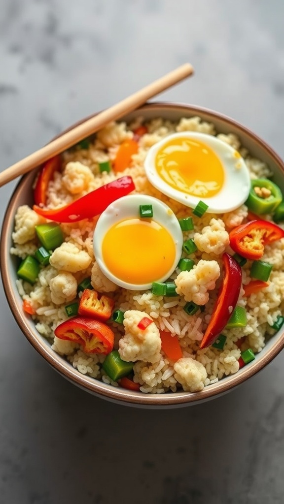 A colorful bowl of cauliflower fried rice with vegetables and eggs.