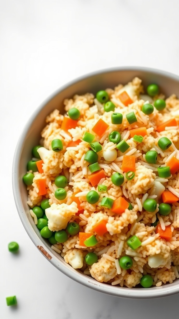 A bowl of cauliflower fried rice mixed with peas and carrots.
