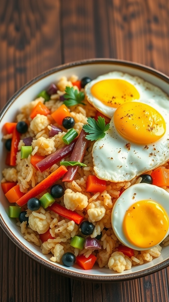 A bowl of cauliflower rice stir-fry topped with fried eggs and colorful vegetables.
