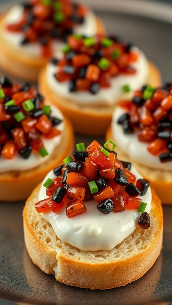 A plate of blinis topped with crème fraîche and caviar, garnished with chives.