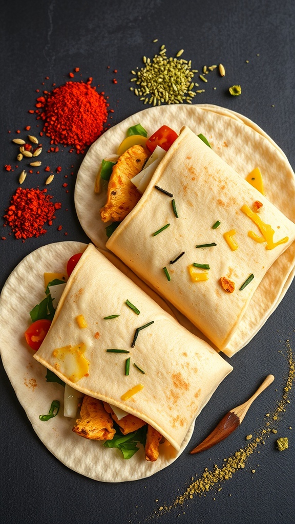Cheesy garlic chicken wraps with spices and fresh ingredients.