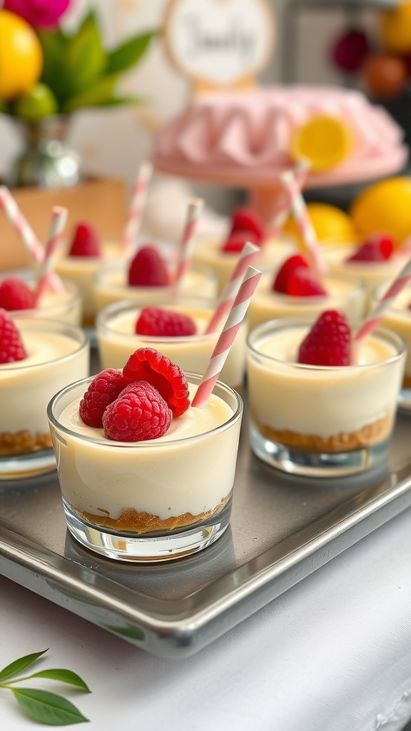 No Bake Lemon Raspberry Cheesecake Cups served in small glasses with raspberries on top.