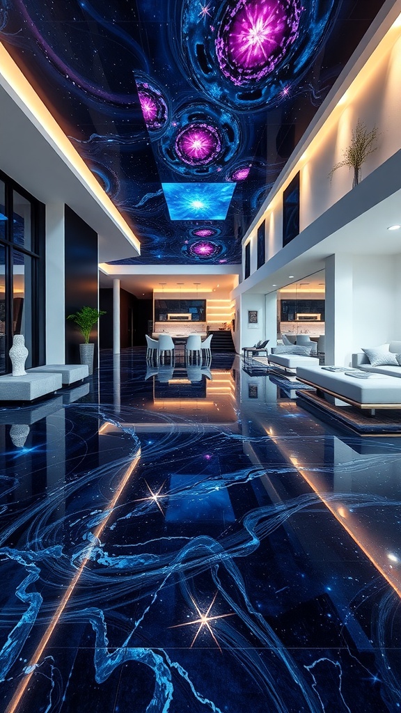 Luxurious interior featuring celestial galaxy epoxy flooring and ceiling design