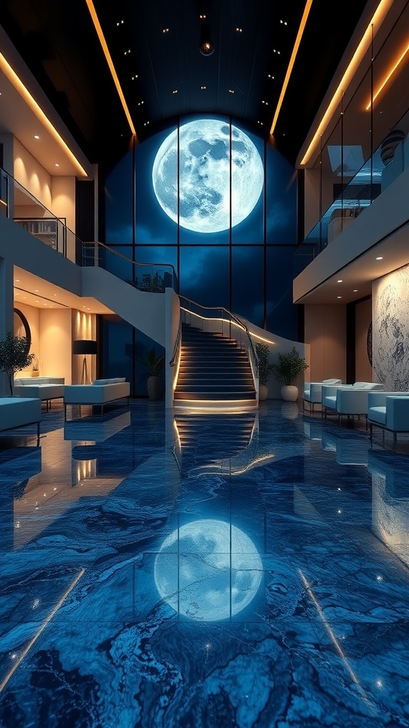 A grand living space with a moonlit view and artistic epoxy flooring.