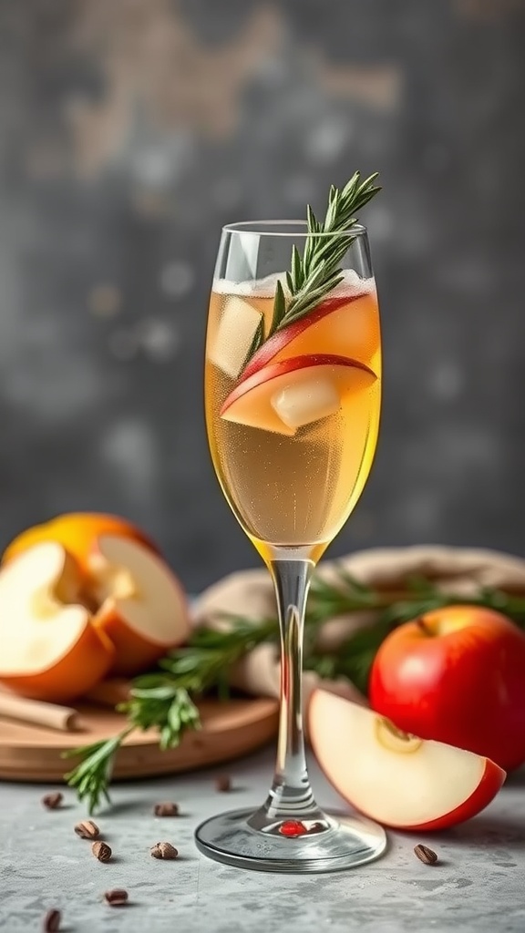 A refreshing Celtic Cider Spritz cocktail with apple slices and rosemary garnish
