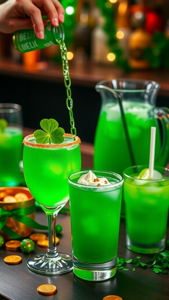 A vibrant green cocktail with apple cider and mint, perfect for St. Patrick's Day.
