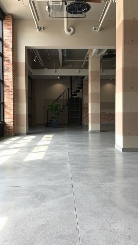 Interior space featuring a cement-look epoxy floor with large windows and a staircase.