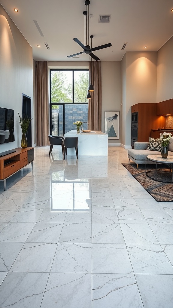 Modern living room with cement-look epoxy flooring, large windows, and stylish furniture.