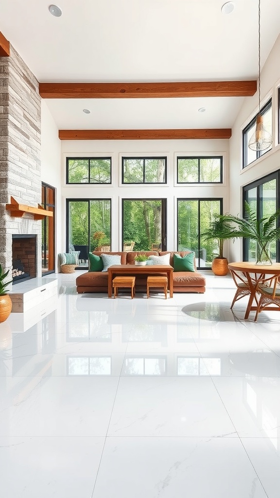 A bright living room featuring cement-look epoxy flooring, wooden beams, and large windows.