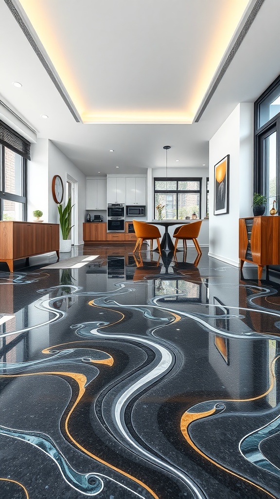 Stylish cement-style epoxy floor design featuring swirling patterns in a modern kitchen setting.