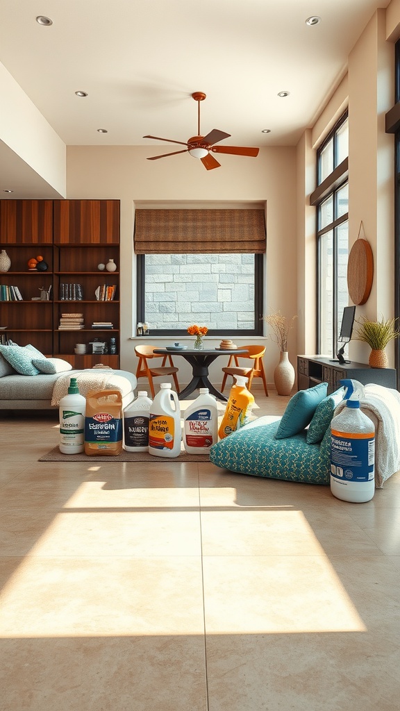 Various cleaning products for maintaining cement floors in a living room setting.