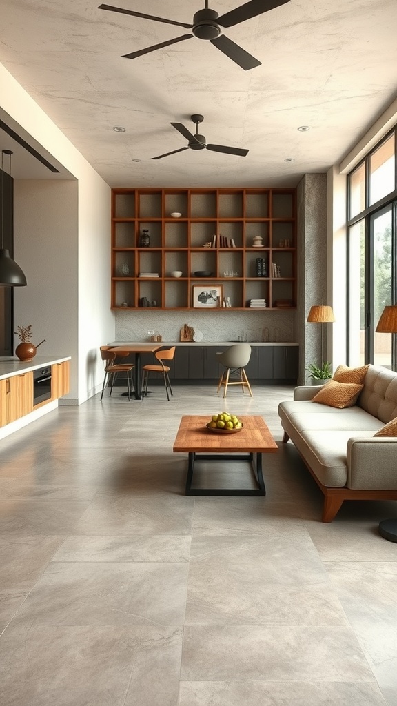 Spacious interior featuring rustic cement floor and modern furniture