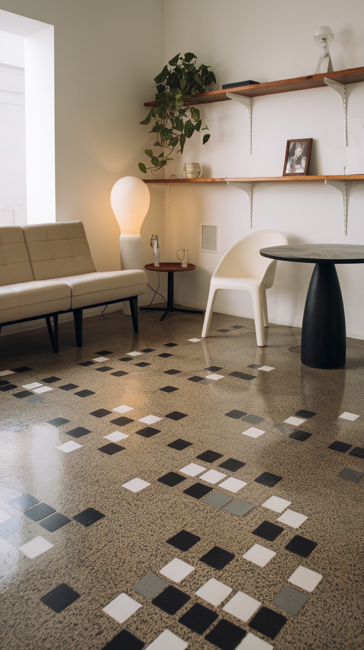 A modern living room featuring polished cement floors, wooden accents, and artistic decor.