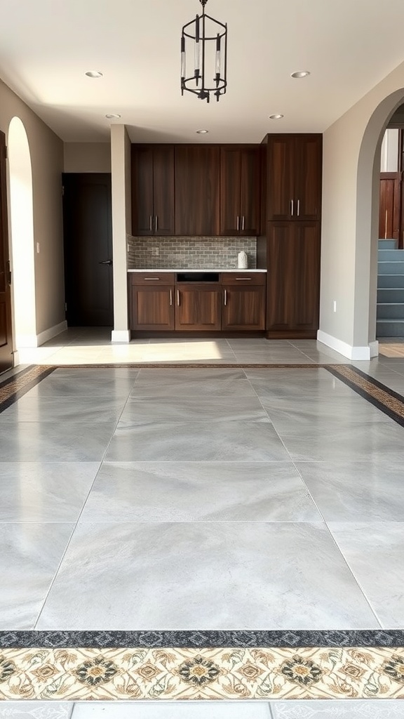 A spacious interior featuring a polished cement floor with decorative inlaid tiles.