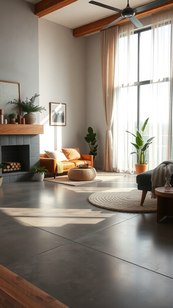 A modern living room featuring polished cement floors, wooden beams, and natural decor elements.