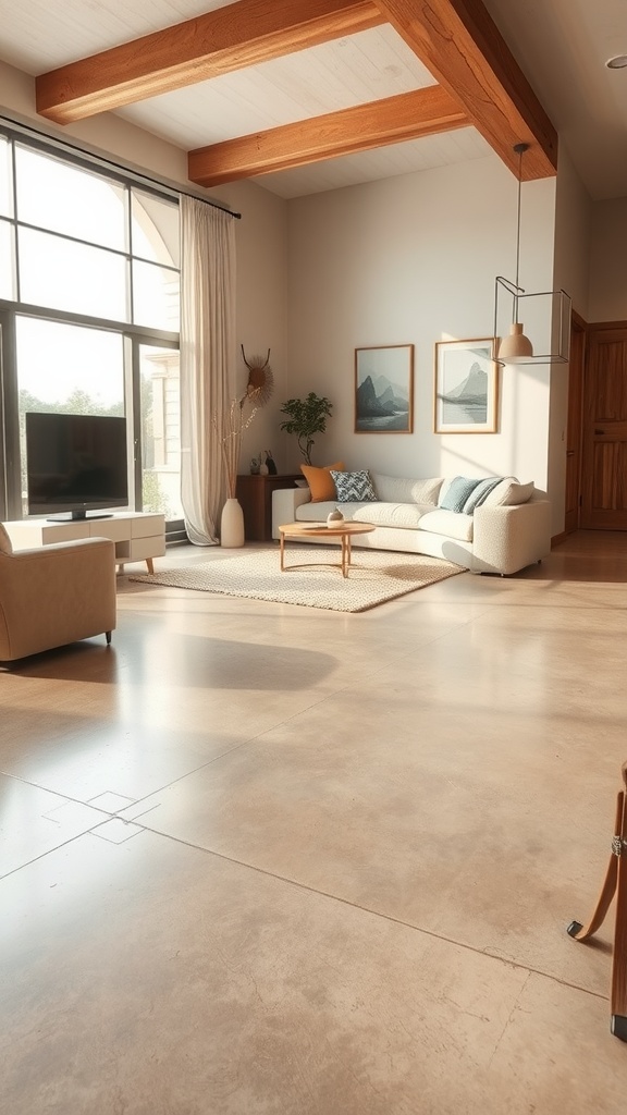A stylish living room with polished concrete floors, wooden beams, and natural light.