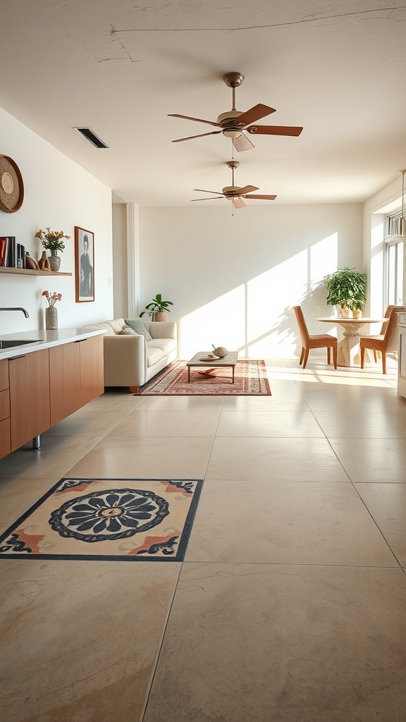 Modern living area featuring a combination of light cement flooring and decorative cement tiles.