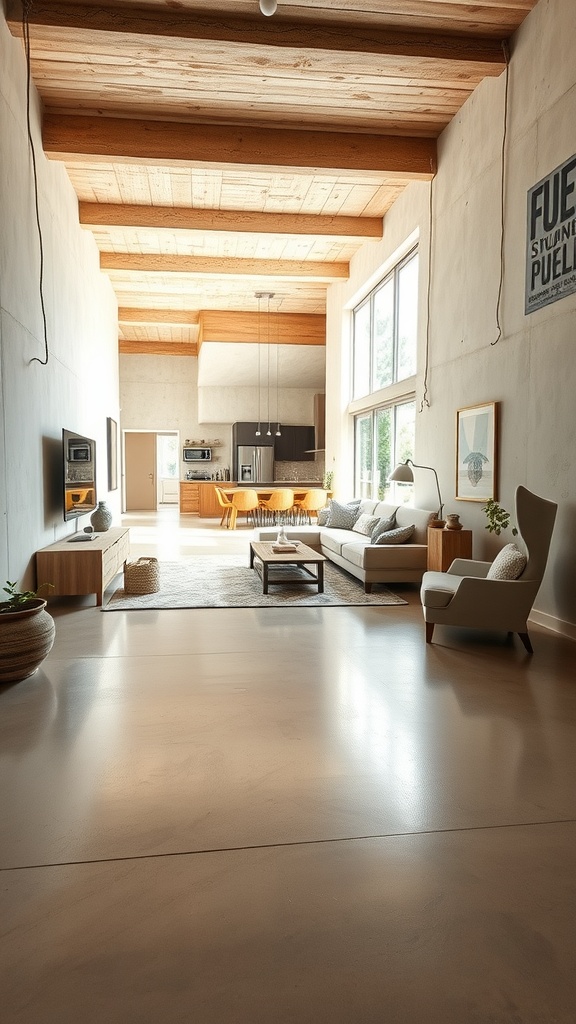 Modern living room with light cement flooring and rustic wooden beams.
