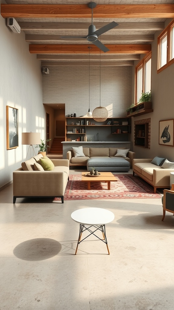A stylish living room featuring light cement floors, wooden beams, and modern furnishings.