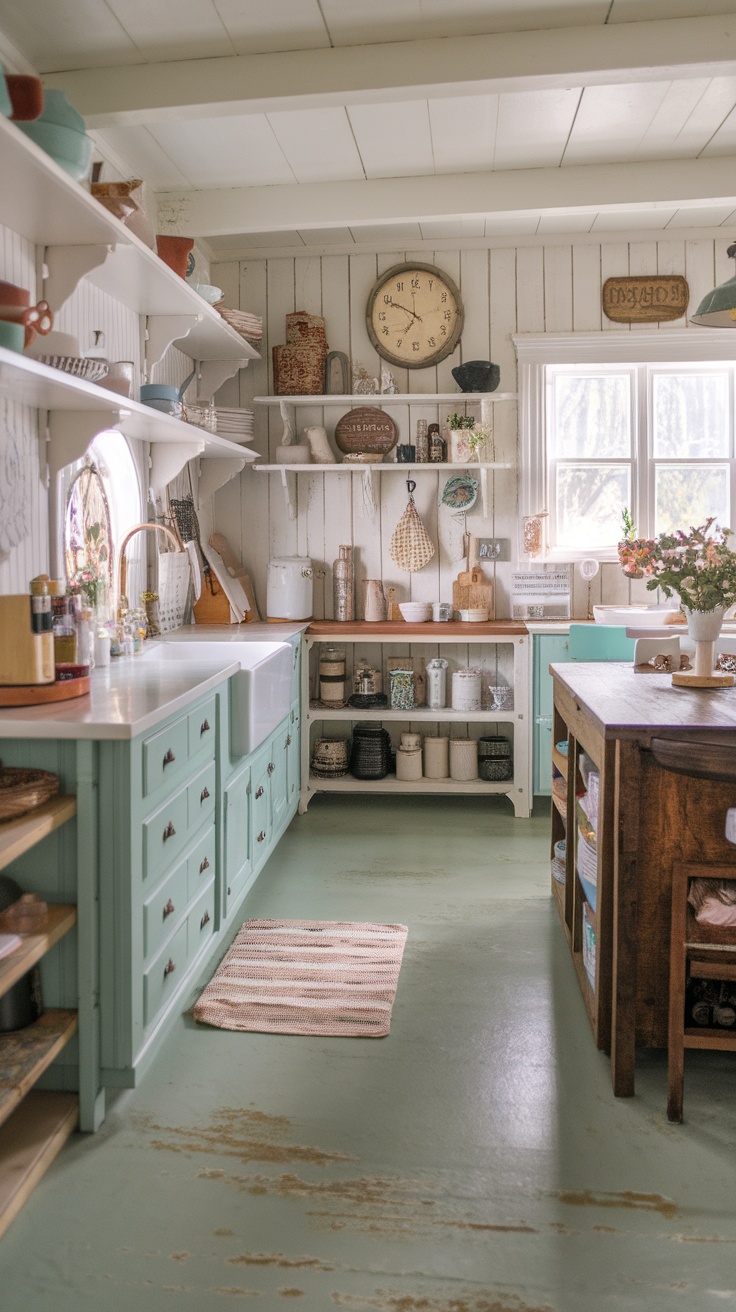 Colorful chalk paint epoxy floor in a rustic kitchen with wooden beams