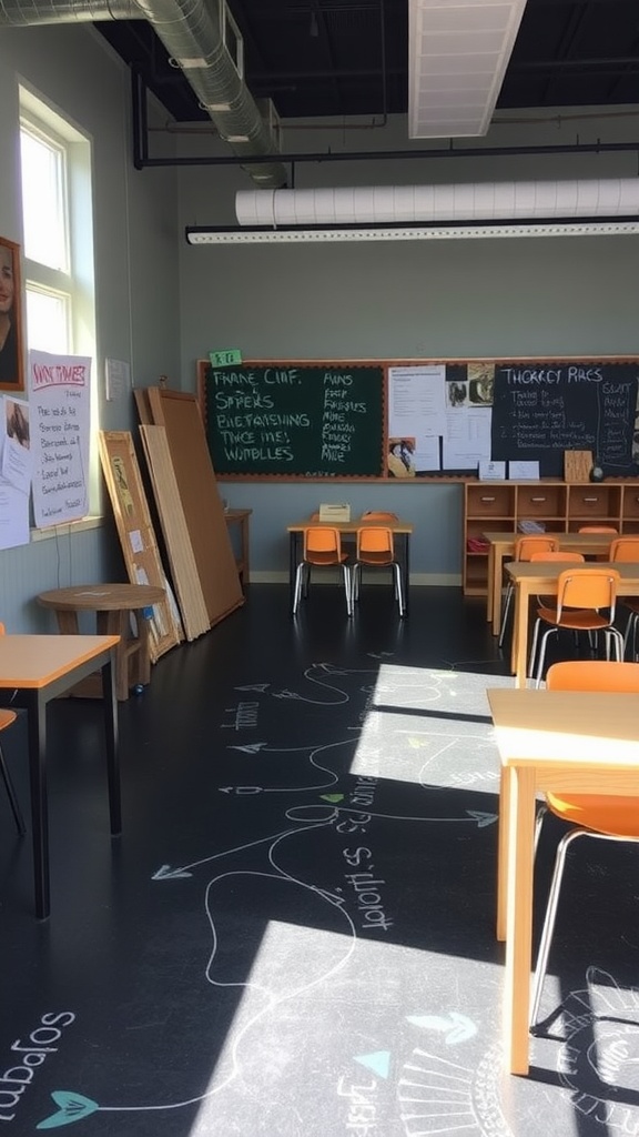 Chalkboard epoxy floor featuring colorful drawings in a modern interior space.