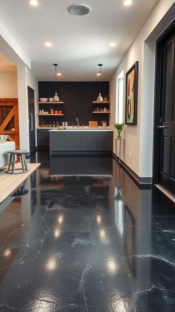 A modern kitchen with a chalkboard epoxy floor reflecting light, showcasing dark cabinets and open shelving.