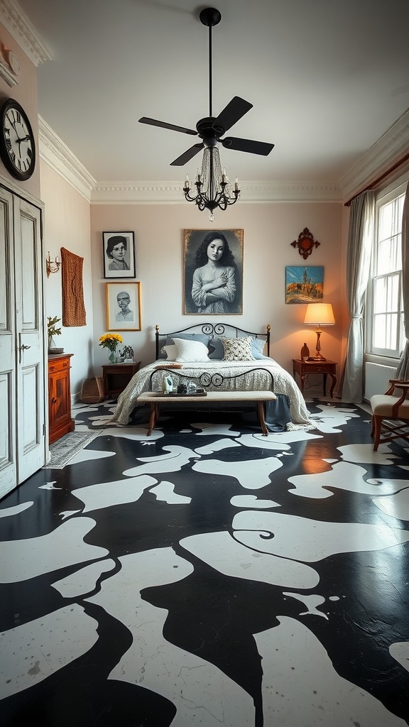 A bedroom showcasing chalkboard epoxy flooring with creative doodles and messages.